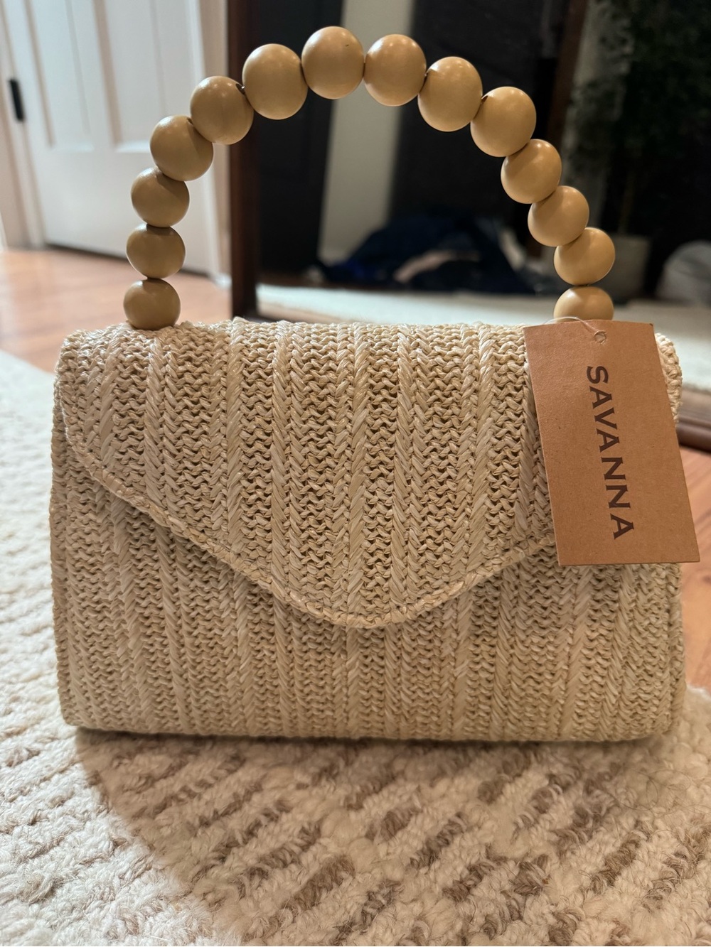 Savannah Cream Woven Mini Bag with Beaded Handle
